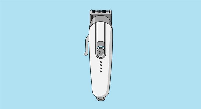 Modern white and gray electric hair clipper or beard trimmer on a light blue background, top view vector illustration for barber shops.