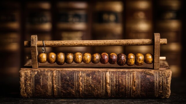 Vintage Wooden Abacus with Worn Beads Resting on an Old Book