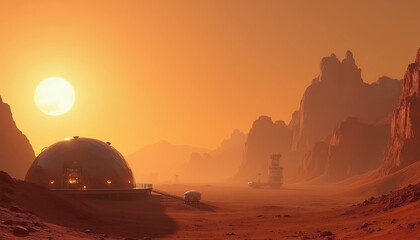 Obraz premium Dome habitat on Mars with terraforming machines under glowing sun. Futuristic red desert landscape with mountains shows space colonization and survival.