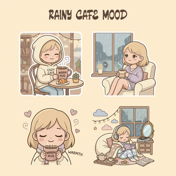 Rainy Cafe Mood - Cozy Rainy Day Girl Sticker Set