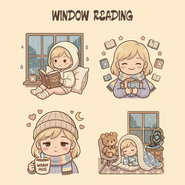 Window Reading - Cozy Rainy Day Girl Sticker Set
