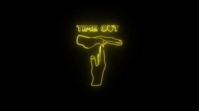 Neon time out sign animation with hands showing t shape on black background