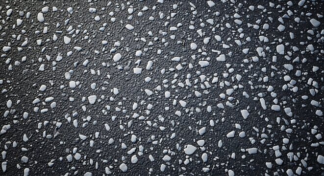 A close up high angle view of small white gravel stones scattered across a dark grey asphalt surface