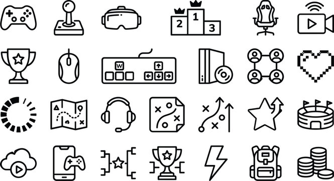 Gaming vector icon set, 30 linear black and white game-related symbols, modern digital entertainment graphics for apps and websites, esports and online gaming interface elements