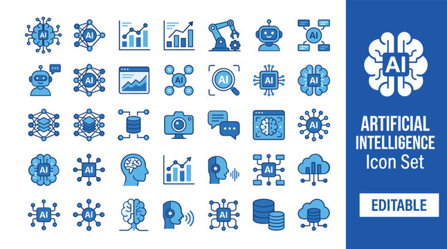 Artificial Intelligence Icon Set, 40 editable AI technology vector graphics, machine learning and data science symbols, neural network and robotics concepts for modern digital design.