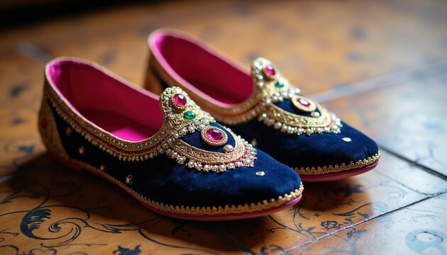 Pair of ornate blue velvet women jutti shoes with intricate gold embroidery, colorful gemstones. Traditional Indian slippers feature ornate detailing perfect for cultural celebrations ethnic fashion.