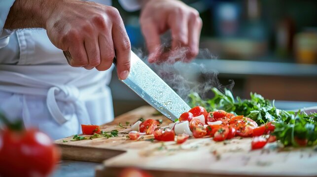 A chef demonstrates a step-by-step recipe as an example for a cooking class, showing precise knife skills and plating techniques