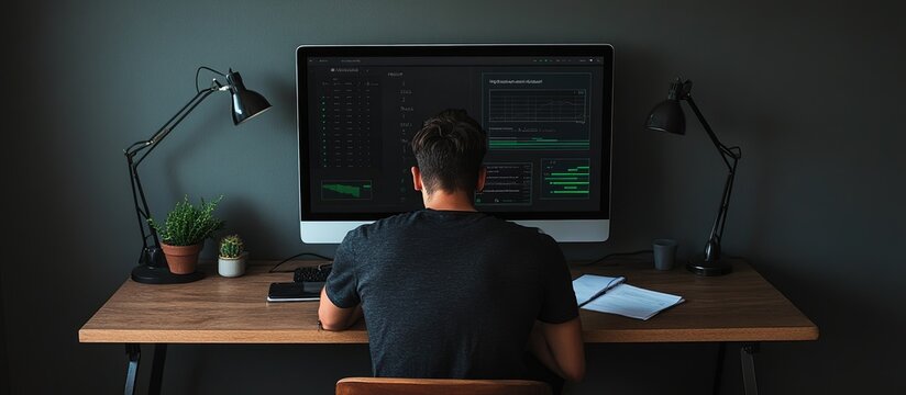 Man Working at Desk with Computer, Dark Aesthetic, Modern Workspace, Minimalist Design.