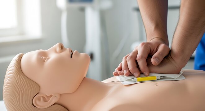 A person practicing cardiopulmonary resuscitation techniques on a medical training mannequin model