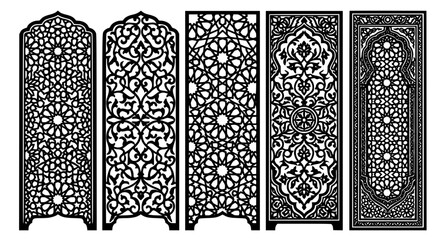 Decorative black and white Mughal jali vector panels with intricate lattice and floral motifs © Sahidul