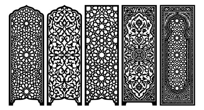 Decorative black and white Mughal jali vector panels with intricate lattice and floral motifs