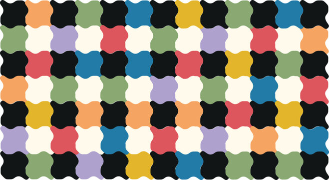 This vector graphic presents an abstract tessellating pattern formed by interlocking wavy shapes. The design utilizes a bold and contrasting color scheme featuring segments of black blue yellow red