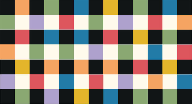 A vibrant and classic plaid pattern rendered in a vector format. The design features a grid of intersecting horizontal and vertical bands creating a patchwork of colored blocks. The color palette 