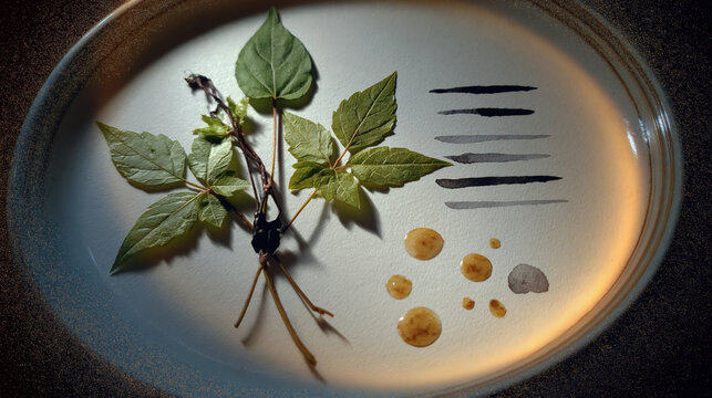 Pressed Plant Specimen on Metal Dish with Dissection Tools and Amber Droplets