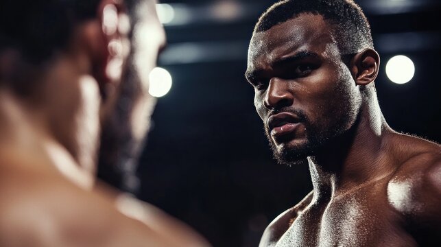 A powerful athlete using intimidating body language to psych out an opponent before a championship match