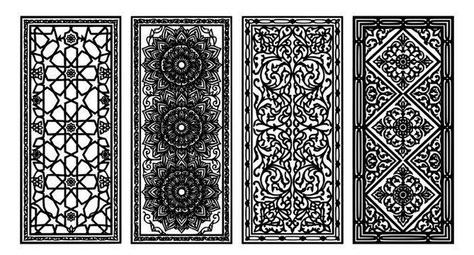 Elegant monochrome jali screen vector collection with detailed geometric floral cutwork panels