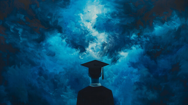 graduate student facing dramatic blue clouds and stormy sky