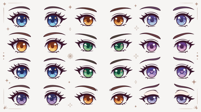 Colorful anime style eye collection featuring diverse shapes and vibrant colors