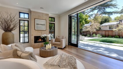 Fototapeta premium Cozy living room with fireplace and large windows at home, warm lifestyle, comfort living, relaxing interior.