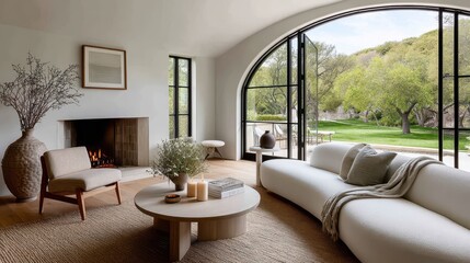 Fototapeta premium Cozy living room with fireplace and large windows at home, warm lifestyle, comfort living, relaxing interior.