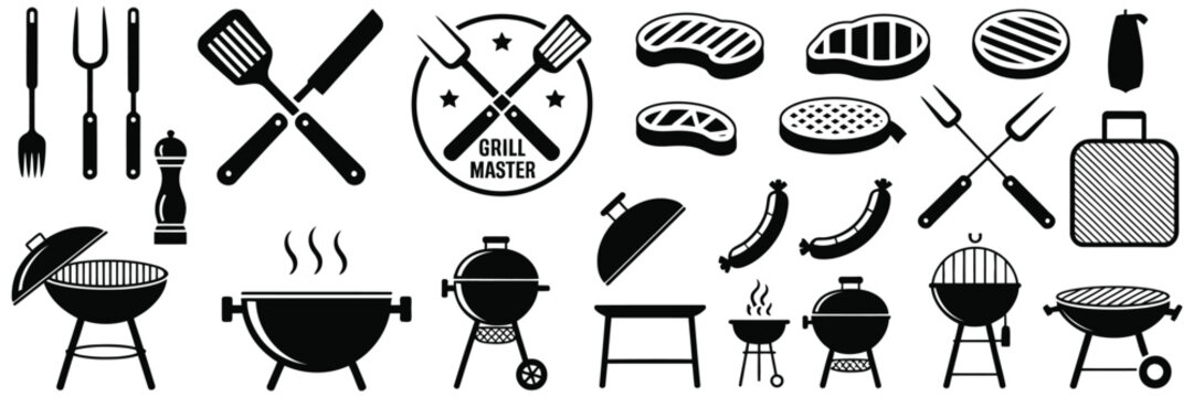 Grill Master icon vector set with BBQ cooking symbols, barbecue menu signs and chef grill logo illustration collection design.