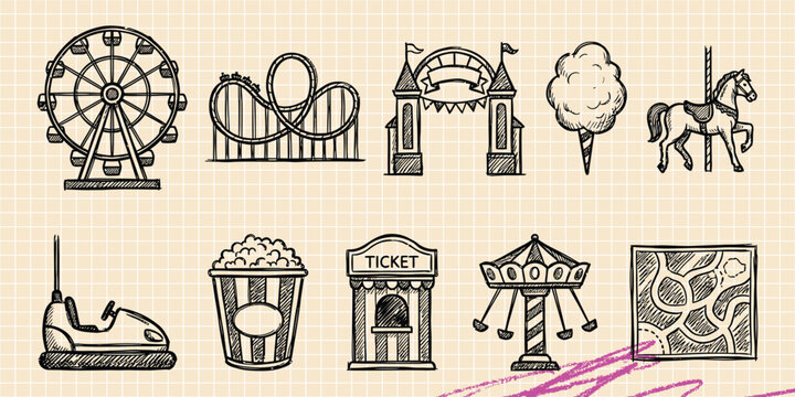 Black ink scribble doodle vector vintage hand drawn set of amusement park circus fair carnival and entertainment ride