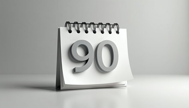 3D calendar icon displays the number ninety on a white desk. It suggests planning tasks, deadlines, and important dates for business projects.