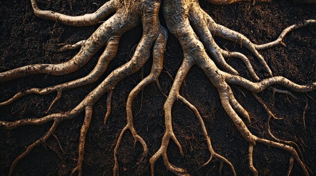 A symbolic image of intertwined tree roots beneath the soil representing the complex interrelation of nature