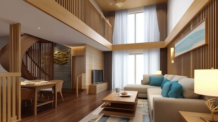 Fototapeta premium Bright spacious living room with large windows and fireplace at home, cozy lifestyle, comfort living, modern interior.