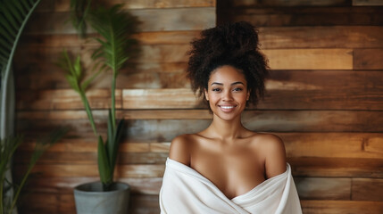 Fototapeta premium Smiling Young Black Woman with Top Knot Hair Bun Against Rustic Wood Wall