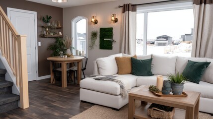 Fototapeta premium Bright spacious living room with large windows and fireplace at home, cozy lifestyle, comfort living, modern interior.