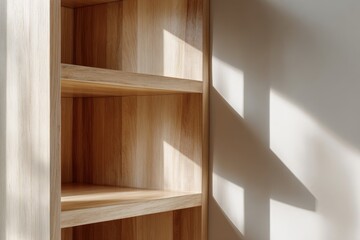 Fototapeta premium Close-up view of a modern natural wood bookshelf or kitchen cupboard corner illuminated by strong dramatic sunlight cozy interior architecture details and minimalist furniture design concept