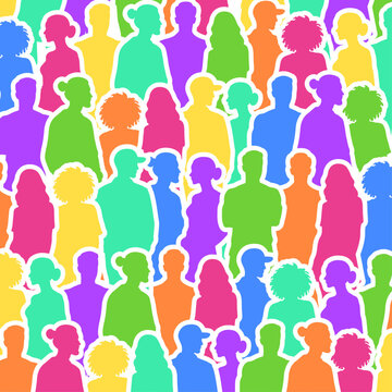 Motif abstrait repr&eacute;sentant une foule de silhouettes. Ensemble communautaire d'un groupe inclusif et &agrave; forte diversit&eacute; culturelle. Style collage et stickers ou autocollant. Fichier vectoriel 