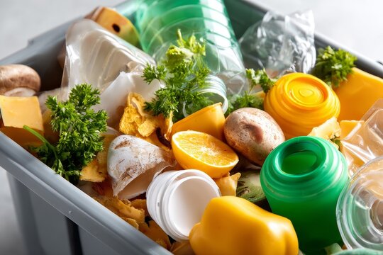 Plastic packaging and spoiled food waste mixed inside a recycling bin ideal for environmental pollution and incorrect garbage sorting concepts