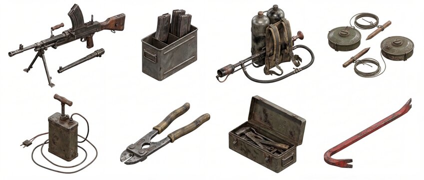 Collection of vintage military equipment including Bren gun, flamethrower, landmines, demolition tools, bolt cutters, and crowbar on white background. Generative AI.