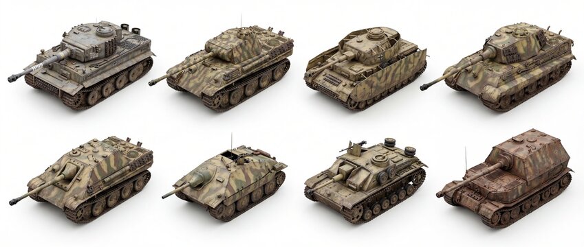 High-quality 3D render collection of various World War II German tanks and tank destroyers, including Tiger I, Panther, Panzer IV, K&Atilde;&para;nigstiger, Jagdpanther, Jagdpanzer, Stug III, and Elefant, 