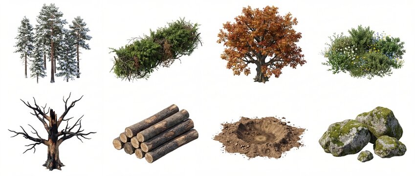 Comprehensive collection of isolated natural elements: snow pines, autumn oak, burnt tree, green bush, logs, mossy rocks, and earth crater. For design.