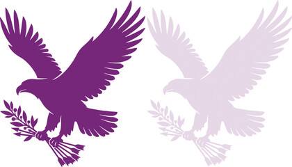 Fototapeta premium Purple Eagle Silhouette Holding Olive Branch and Arrows isolated on white background