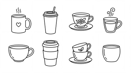 Obraz premium Set of various coffee and tea cups illustrated in simple black line art on white background