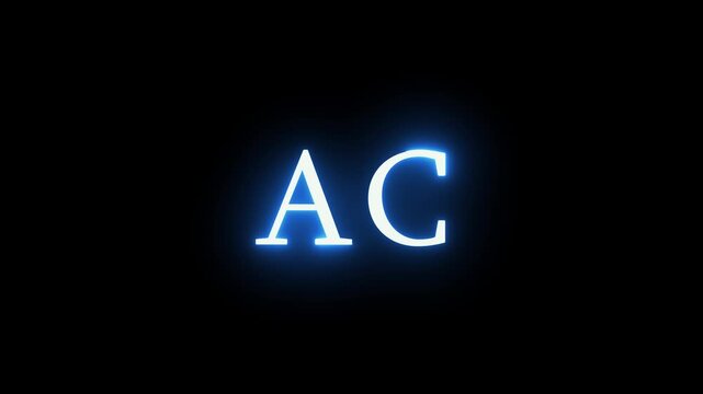 Neon blue letters ac glowing on black background with soft flicker and cinematic light effects