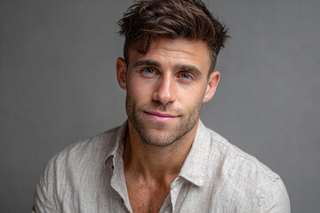 Fototapeta premium Professional headshot of a charming 23-year-old man with tousled hair and a friendly smile