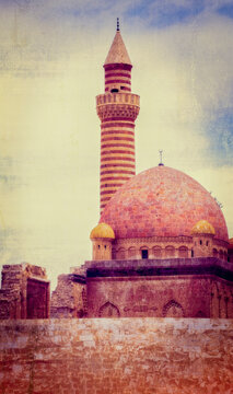 Dogubayazit, Turkey, Middle East: graphic reworking in the style of One Thousand and One Nights of the Ishak Pasha Palace, a semi-ruined palace of Ottoman period built from 1685 to 1784