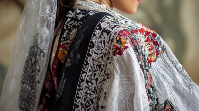 Woman wearing traditional embroidered wedding dress and veil cultural attire with intricate lace and floral patterns elegant bridal fashion
