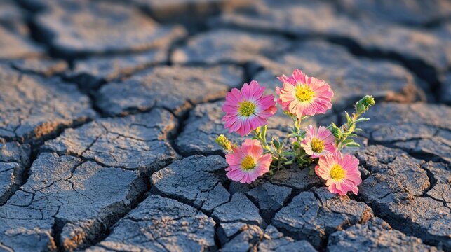 A symbolic visual of cracked earth blooming with flowers representing the ability of time and care to heal