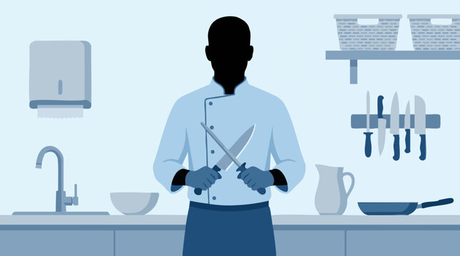 Chef silhouette sharpening knives in a modern blue kitchen illustration