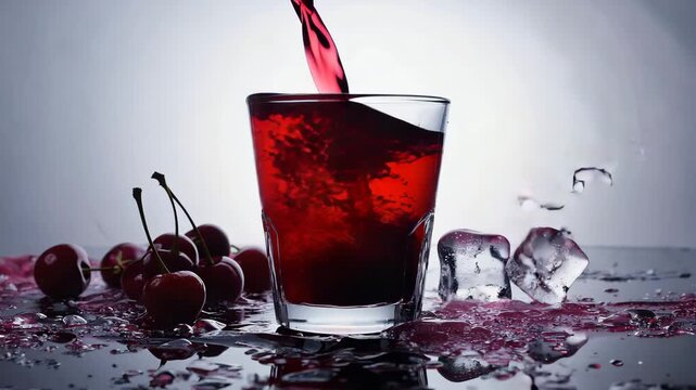 Refreshing cherry juice pouring into glass with ice and fresh fruit