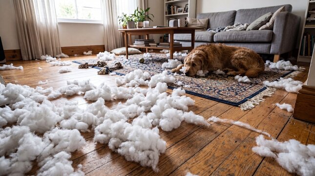 Dog on floor with ripped pillow stuffing mess