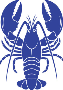 Lobster illustration in bold blue tones facing forward isolated on white background