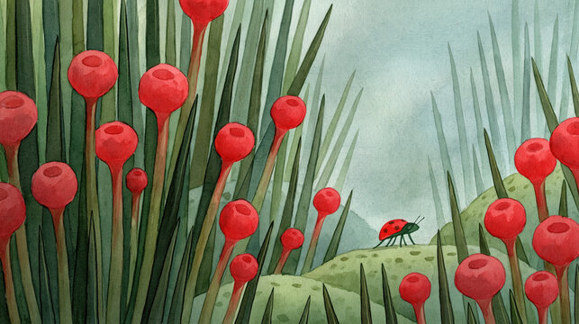 Vibrant Red Berries and Green Grass Field with Lone Ladybug in Natural Habitat