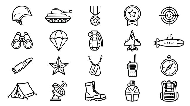 Military and Army Icons Set: Helmet, Tank, Medal, Target, Binoculars, Parachute, Grenade, Jet, Submarine, Bullet, Star, Dog Tags, Radio, Compass, Tent, Satellite, Boot, Canteen, Backpack.